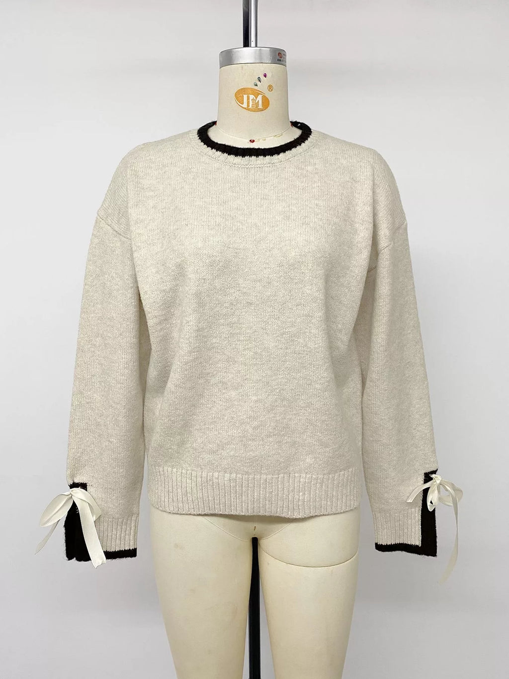 Contrast Trim Ribbed Cuff Tie-Sleeve Sweater