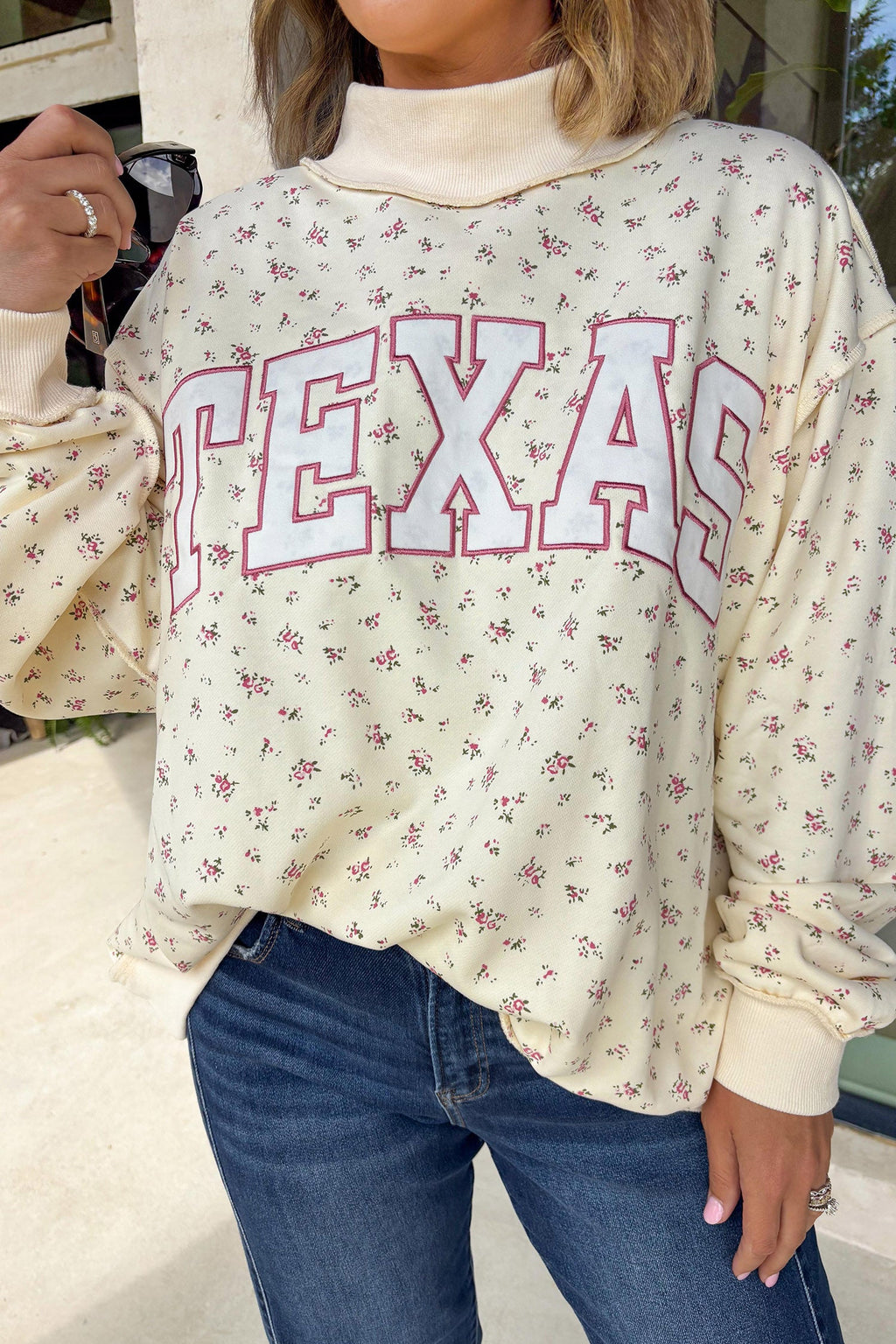Beige Floral Print Stand Neck Long Sleeve Slogan Sweatshirt