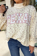 Beige Floral Print Stand Neck Long Sleeve Slogan Sweatshirt