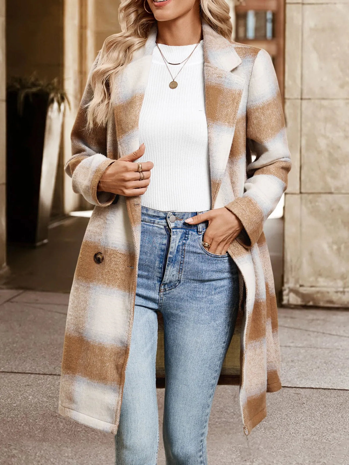 Plaid Longline Button Jacket with Patch Pockets