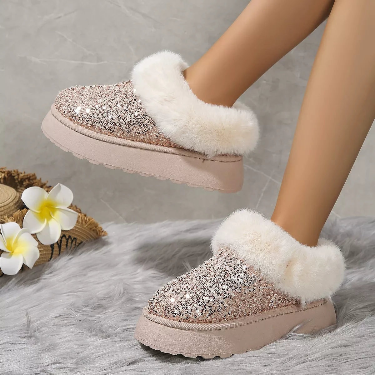 Sequin Round Toe Platform Boots