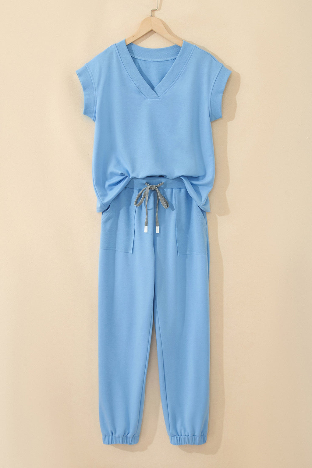 Beau Blue Solid Color V Neck Tee Drawstring Pant Set