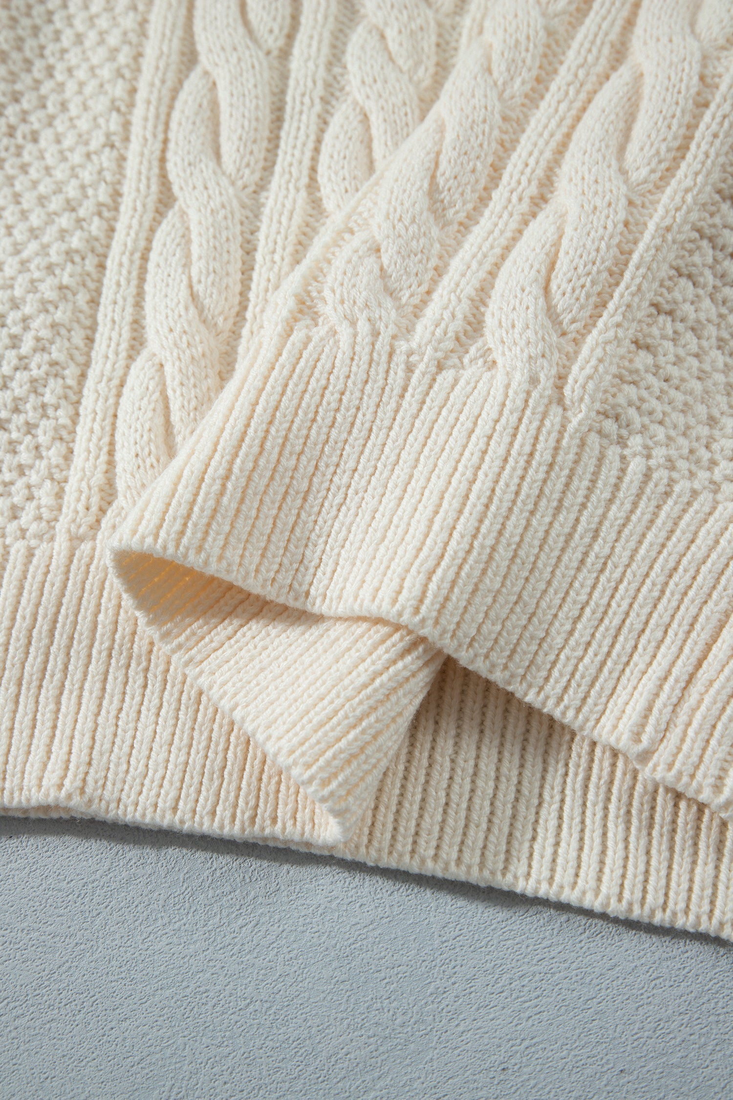 Beige Drop Shoulder Round Neck Cable Knit Sweater