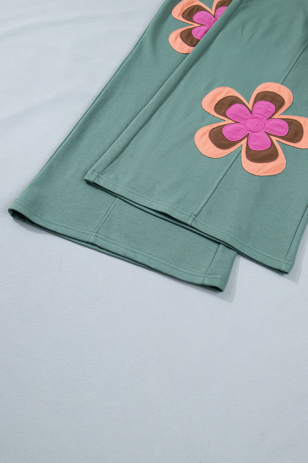 Sea Green Color Block Flower Patchwork Drawstring Contrasted Elastic Waist Wide Leg Pants