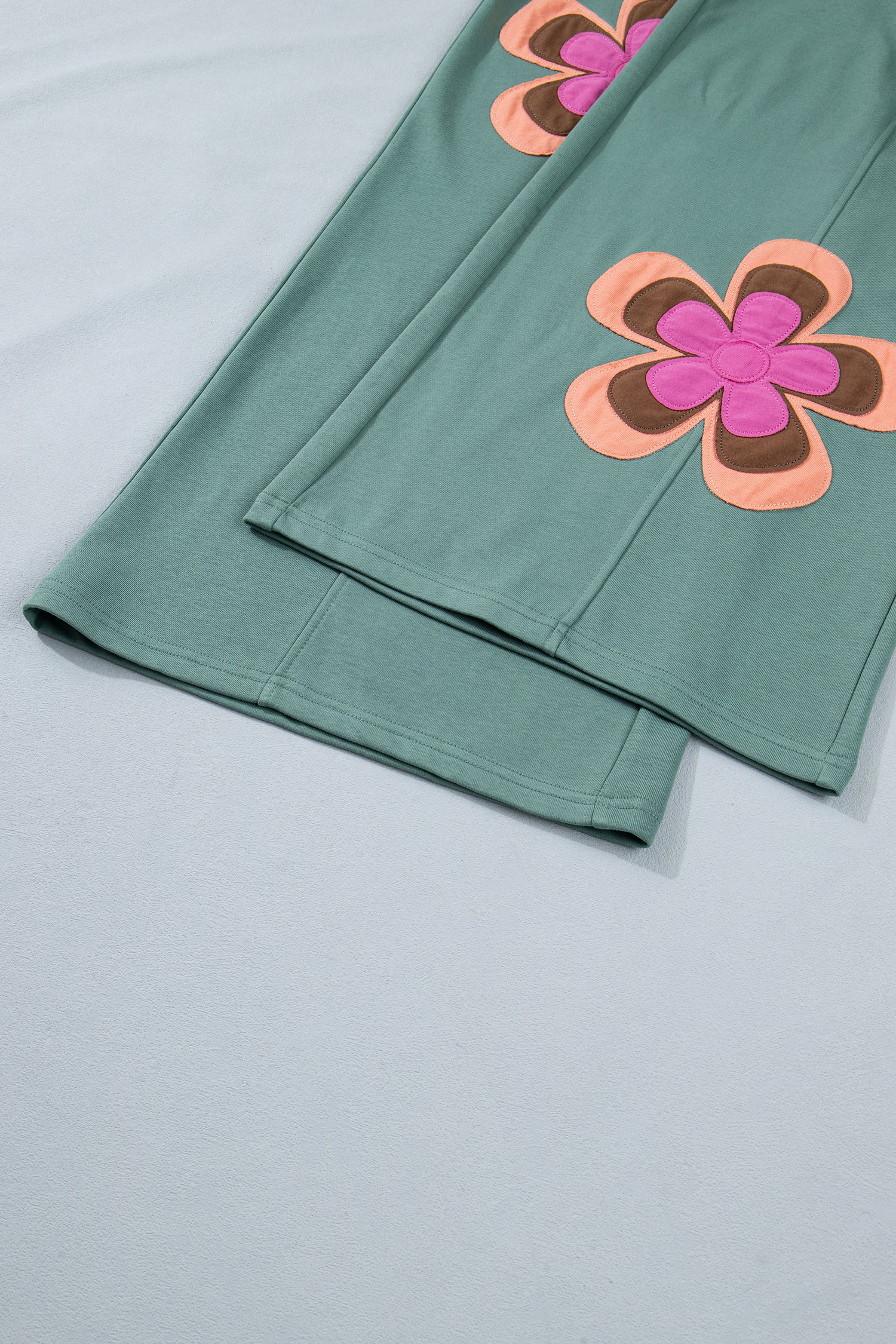 Sea Green Color Block Flower Patchwork Drawstring Contrasted Elastic Waist Wide Leg Pants