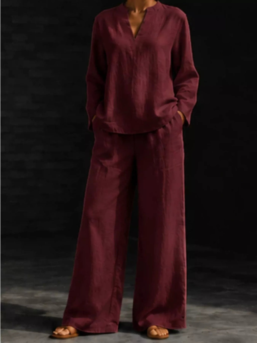 Notched Long Sleeve Top and Pants Set