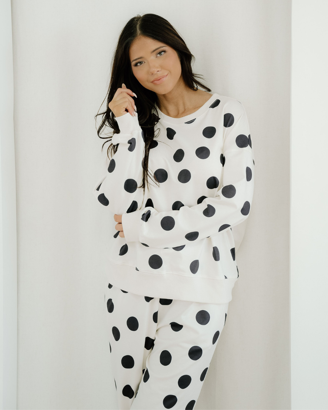 Polka Dot Print Drop Shoulder Pullover Drawstring Jogger Pant Set - Beige