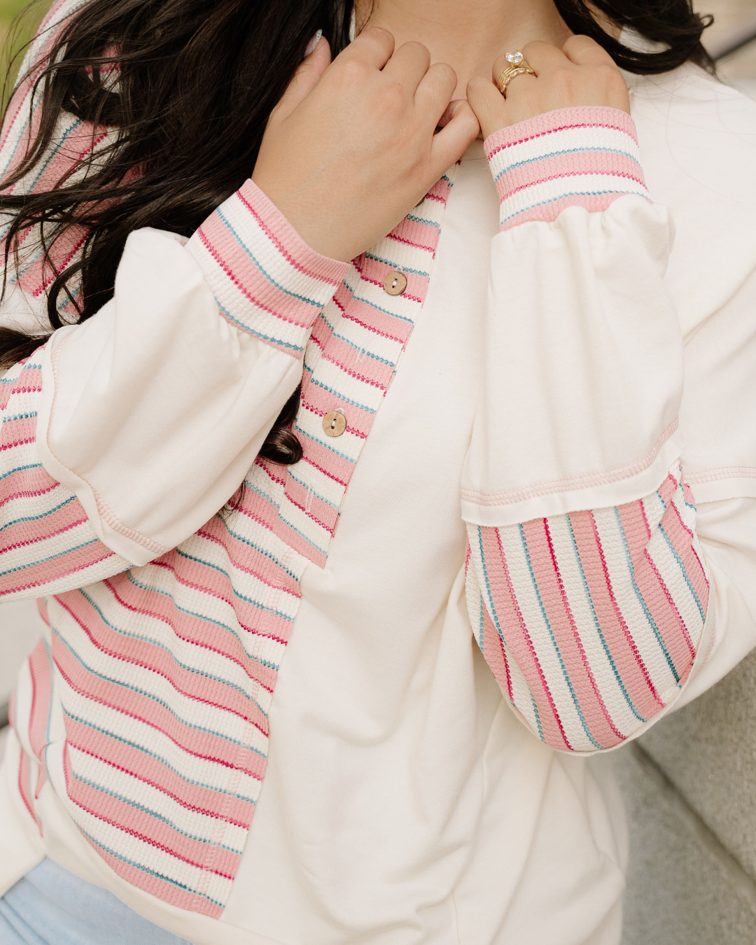 Bennie Stripe Stitched Detail Color Block Pullover Top