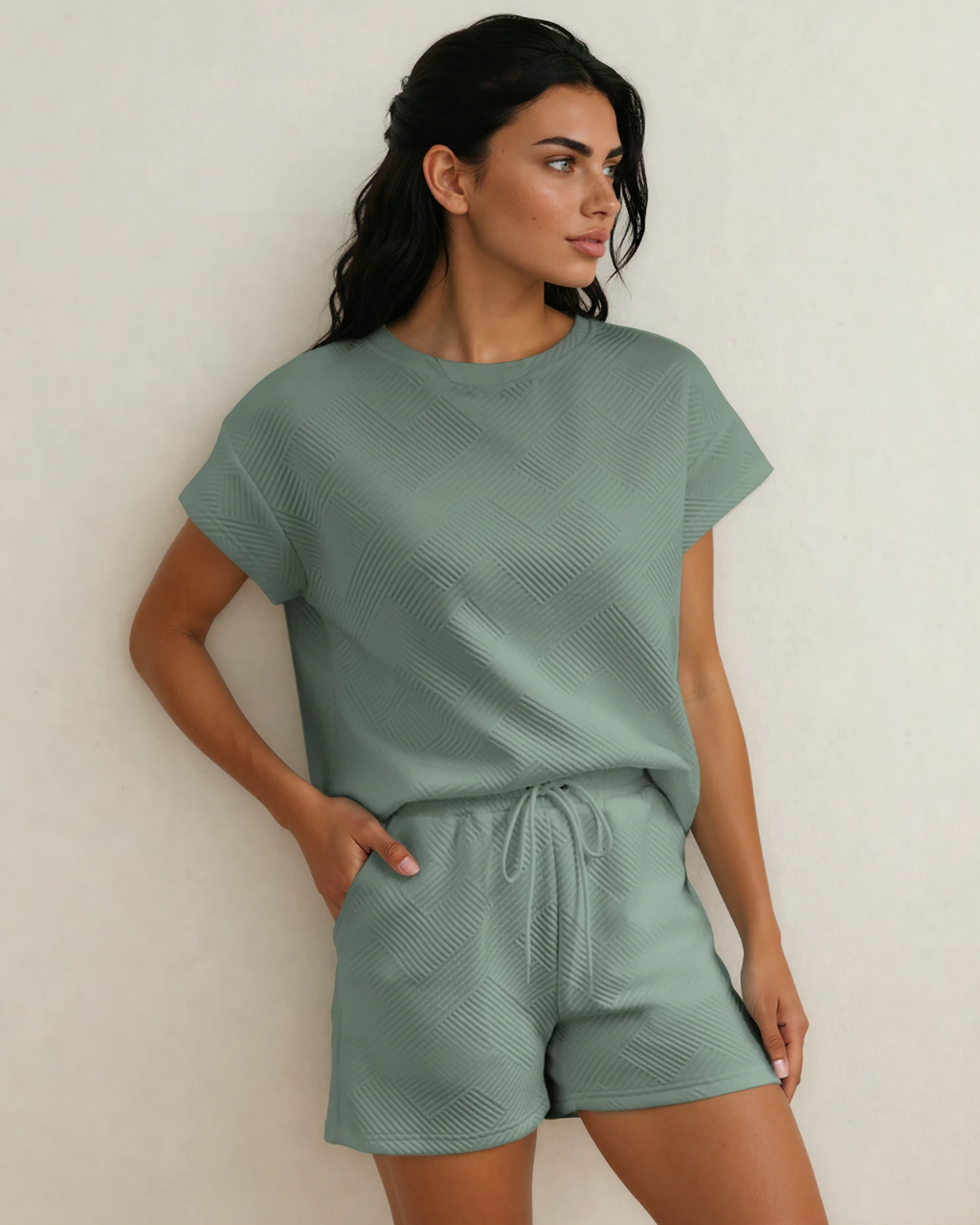 Astrid Textured Short Sleeve Top and Shorts Set - Seafoam