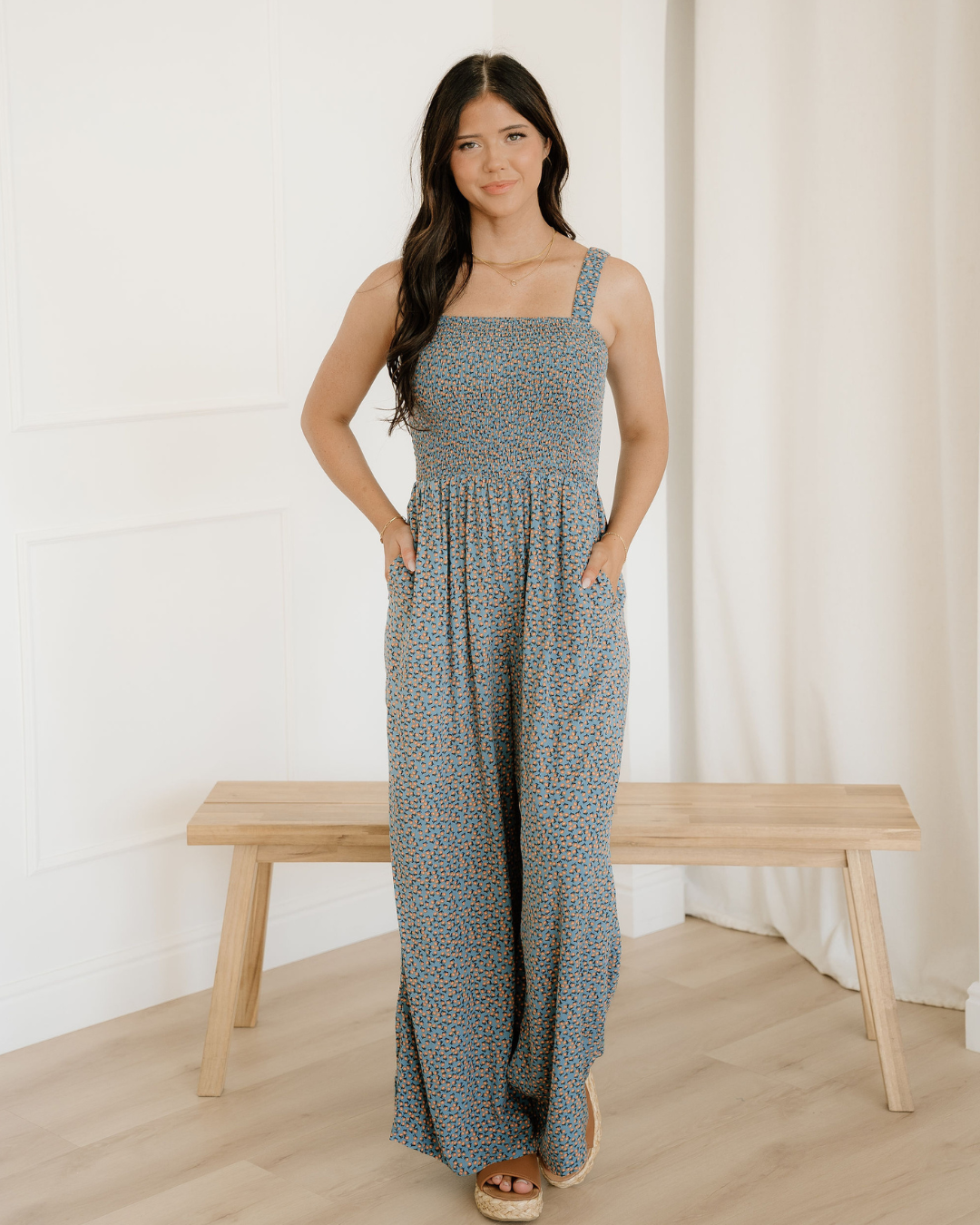 Angelica Square Neckline Stretch High Waist Jumper - Blue Floral