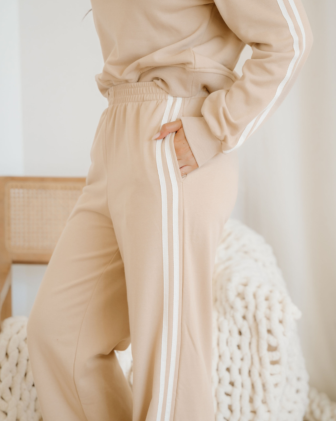Varsity Pullover Wide Leg Pants 2pcs Outfit - Oatmeal