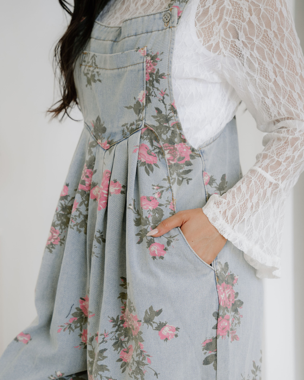 Floral Pleated Wide Leg Denim Overalls