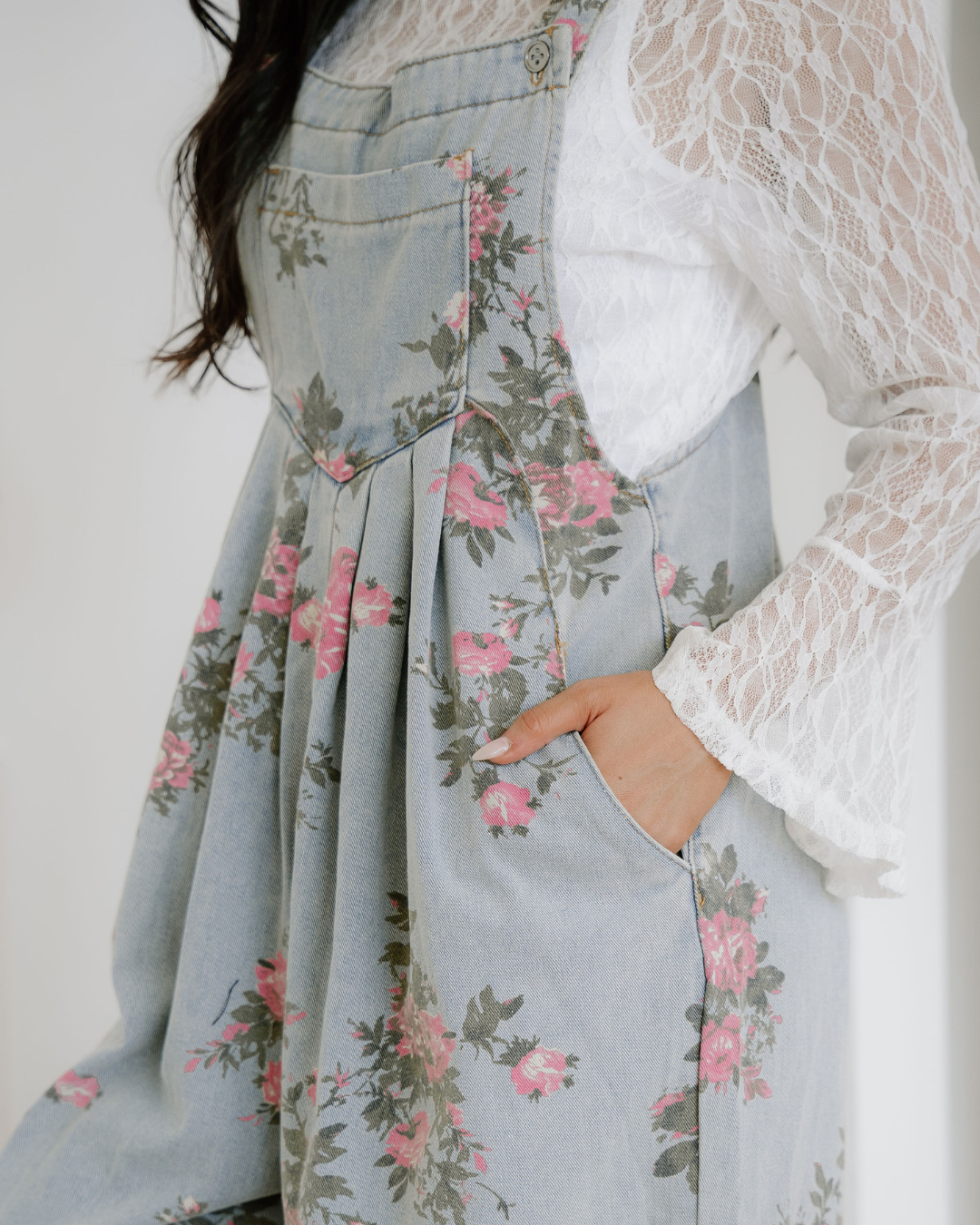 Floral Pleated Wide Leg Denim Overalls