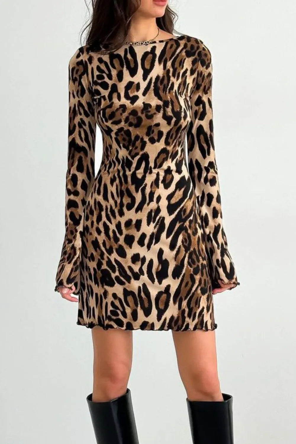 Backless Leopard Print Long Sleeve Mini Dress