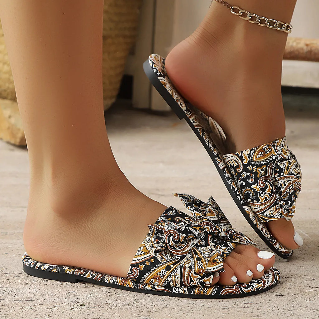Bow Printed Open Toe Flats Sandals