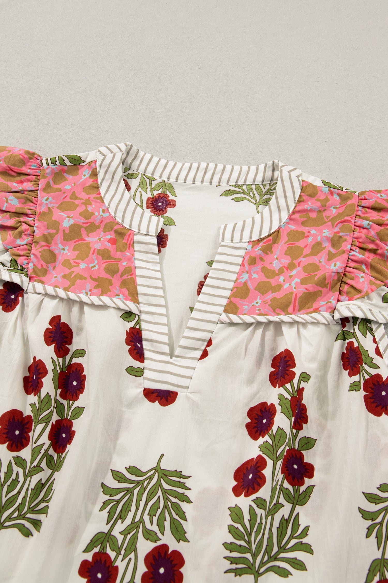 White Floral Print Contrast Striped Trim Flutter Cotton Blouse