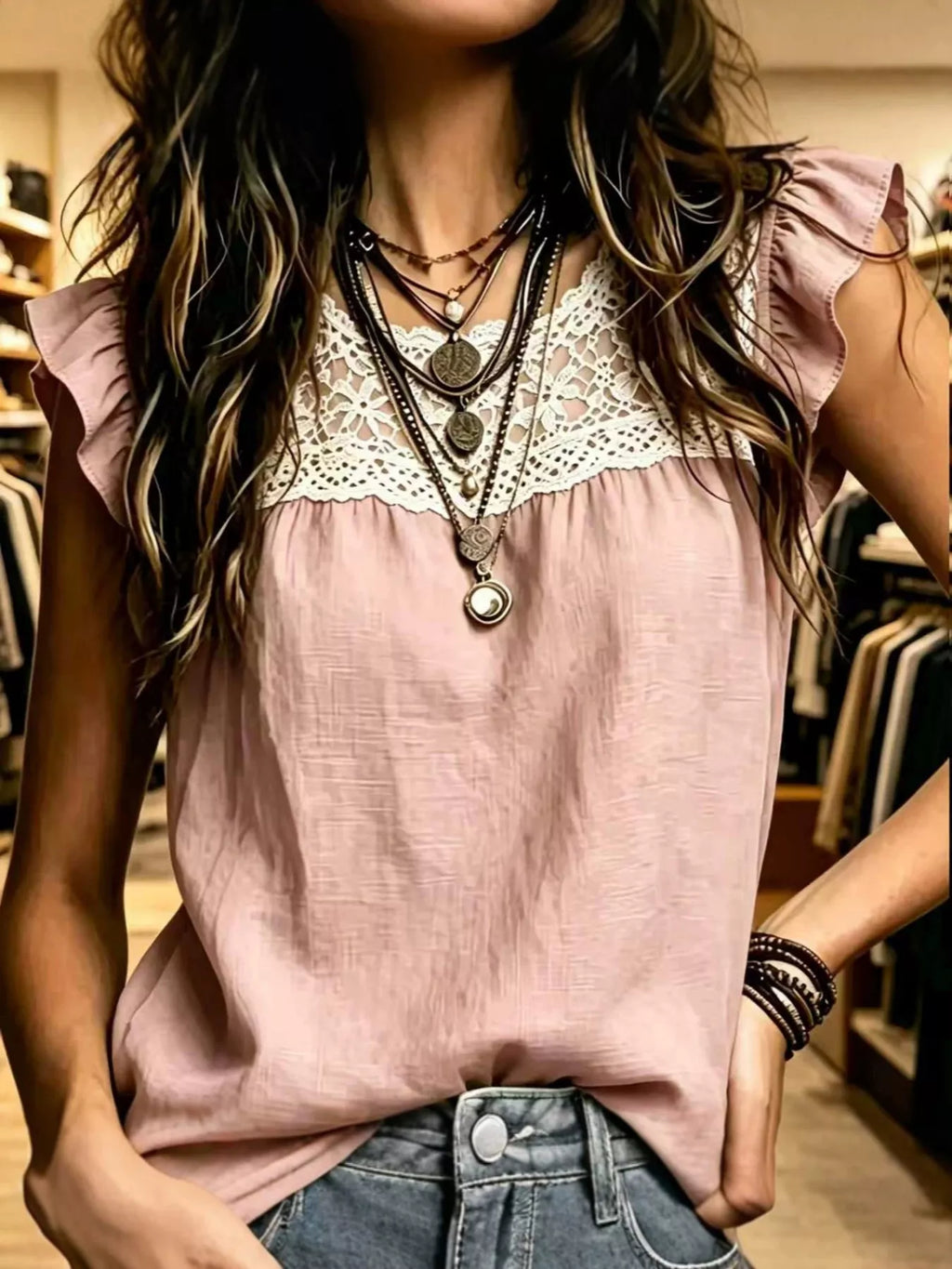 Full Size Lace Trim Ruffle Sleeve Blouse Plus Size