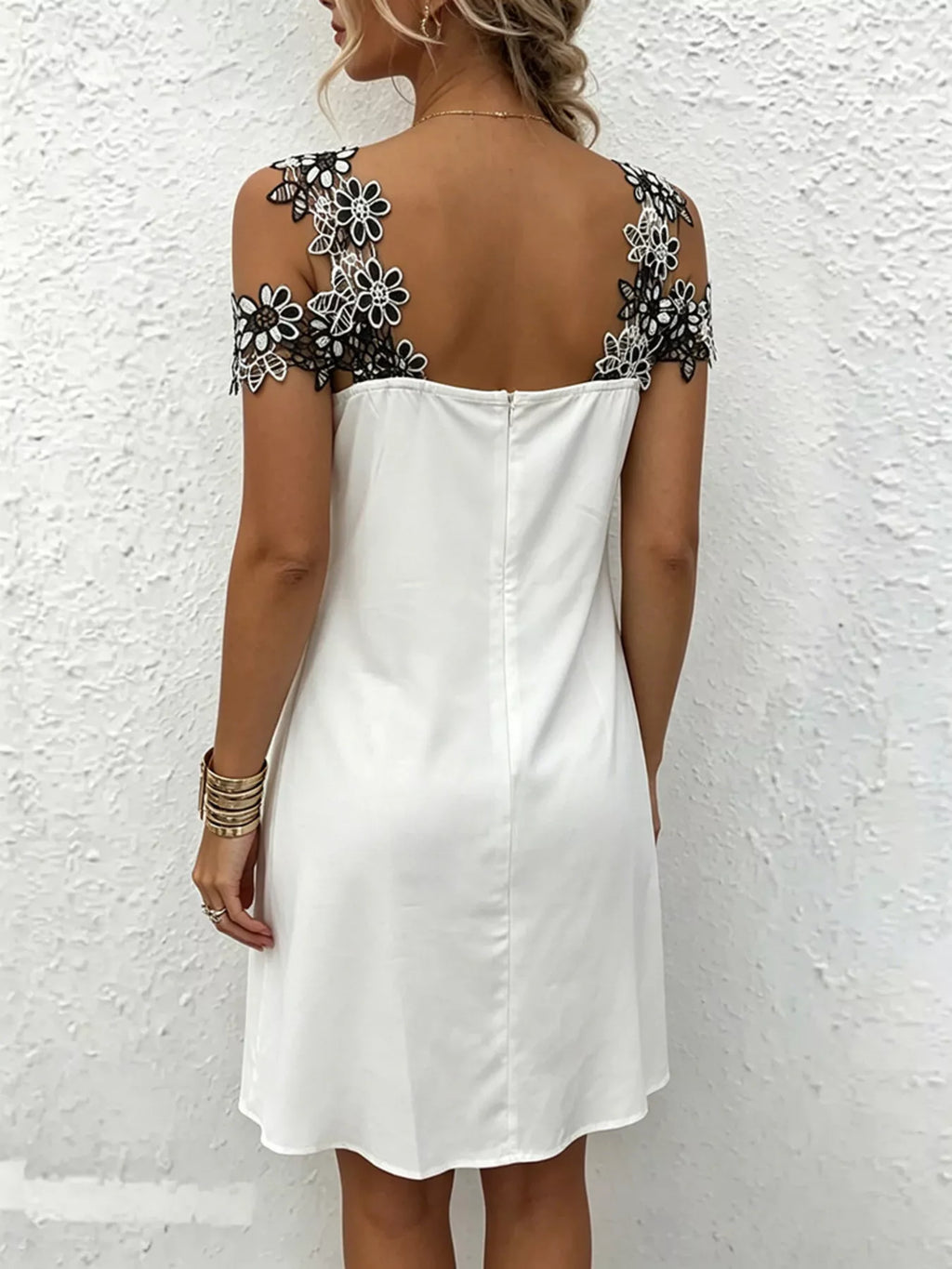 Lace Floral Trim Cold Shoulder Mini Dress
