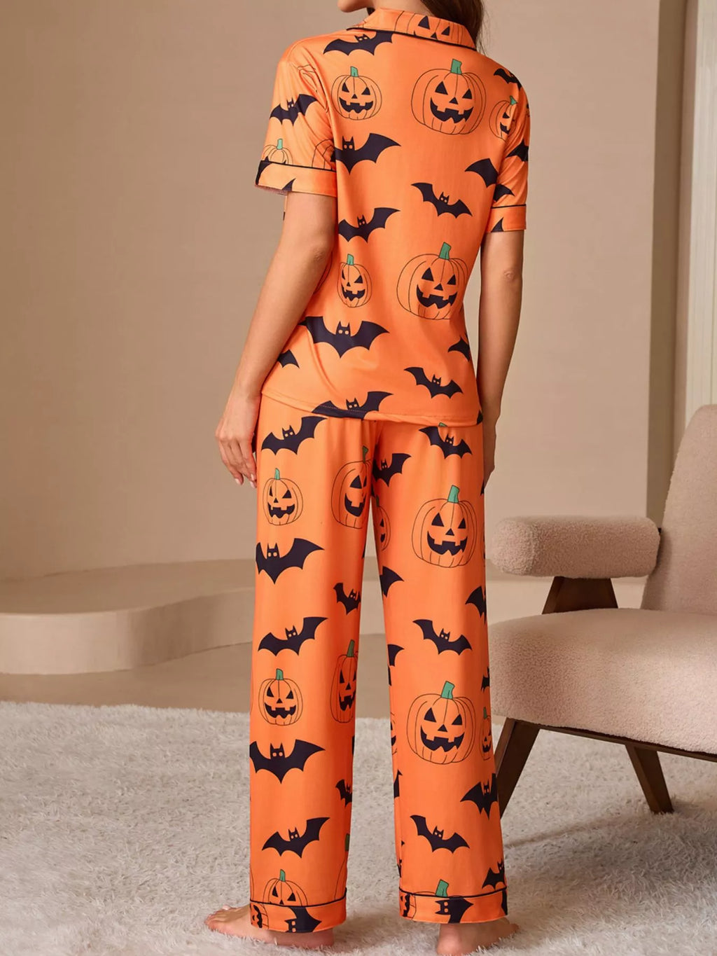 Halloween Pumpkin and Bat Print Button-Down Top and Pants Lounge Set