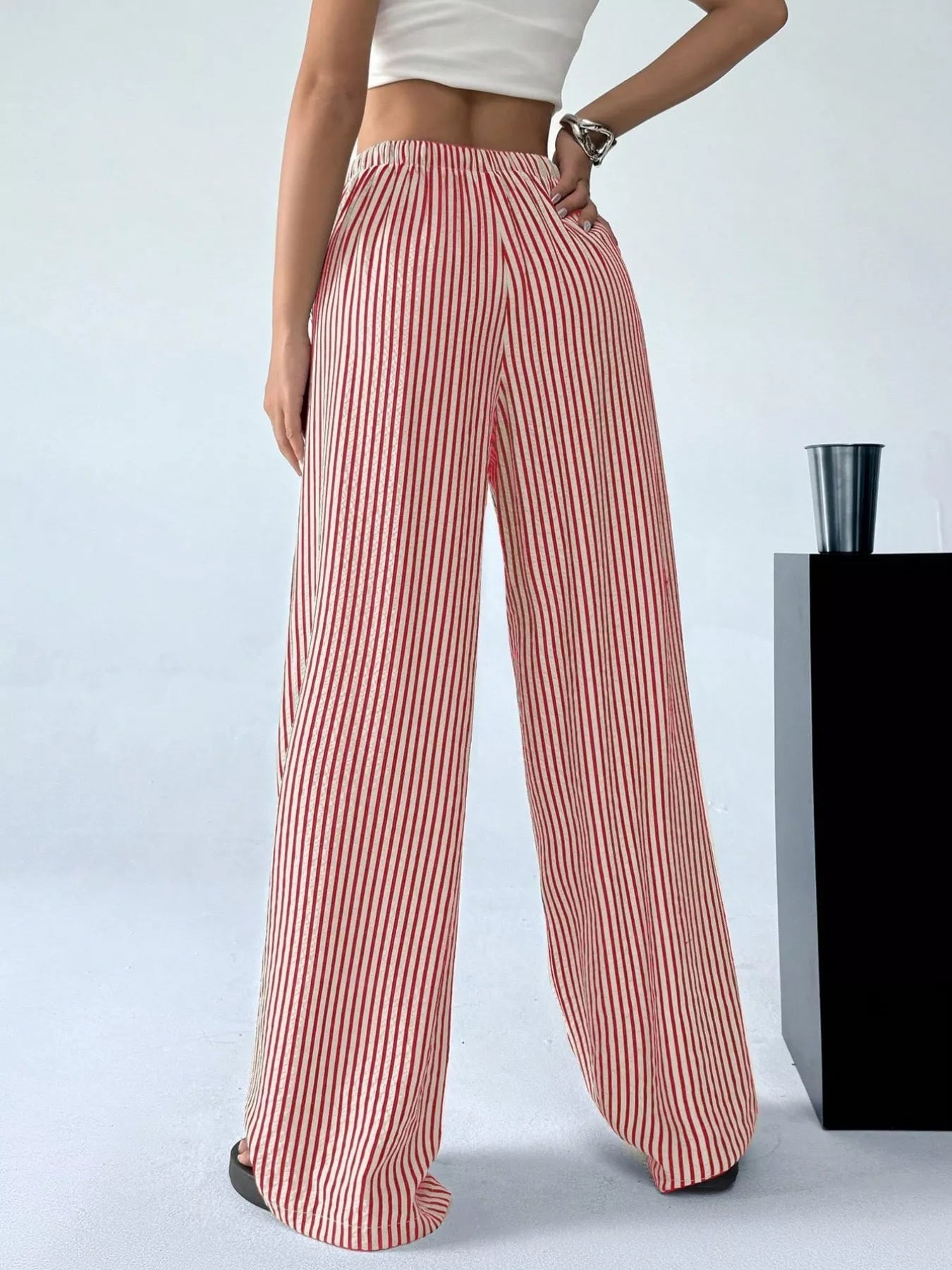 Full Size Striped Drawstring Waist Wide Leg Pants Plus Size