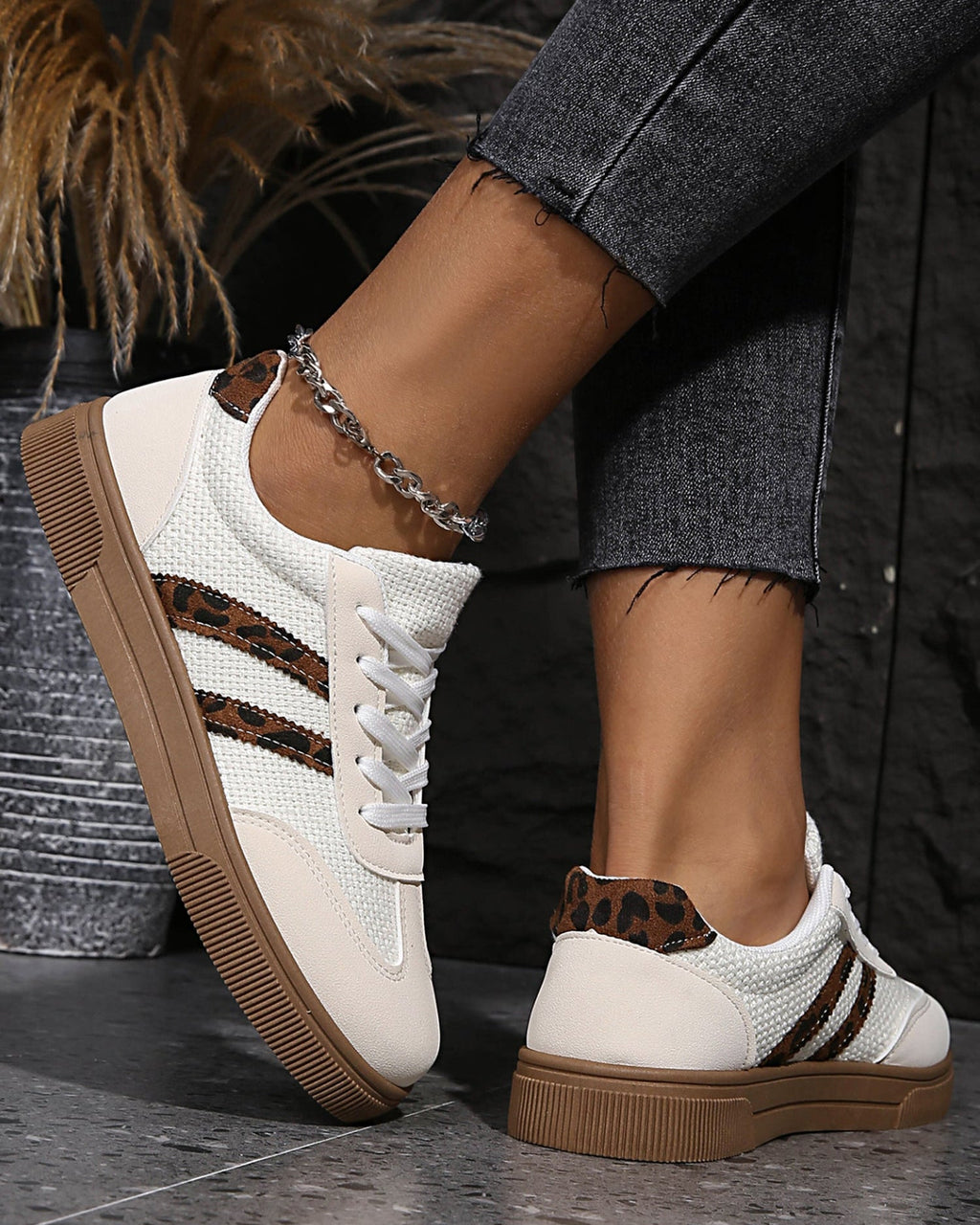 White Textured Woven Leopard Patchwork Flat Sneakers