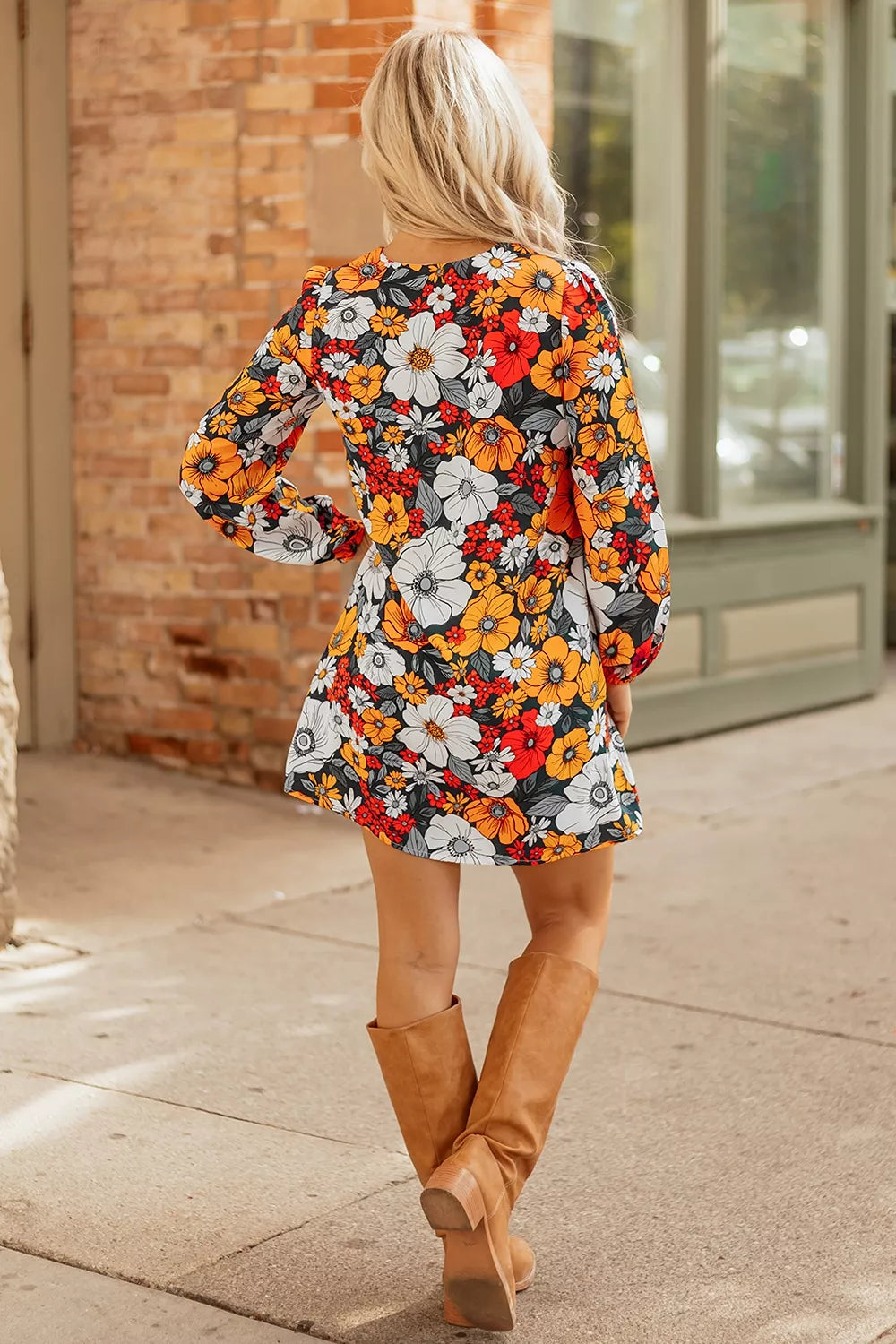 Boho Floral Print V-Neck Mini Dress with Pockets