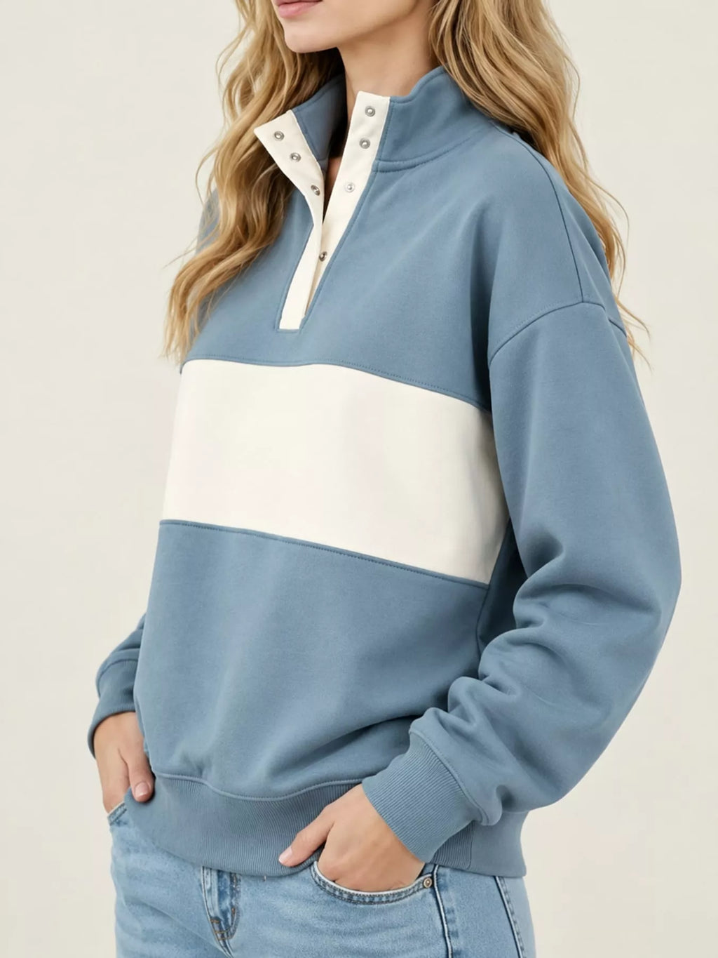 Full Size Color Block Snap-Button Sweatshirt Plus Size