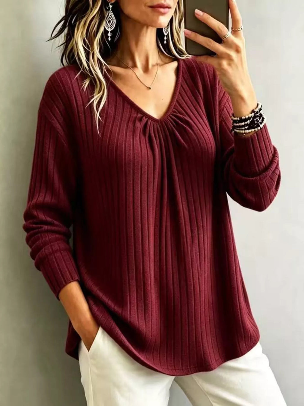 V-Neck Ribbed Long Sleeve T-Shirt