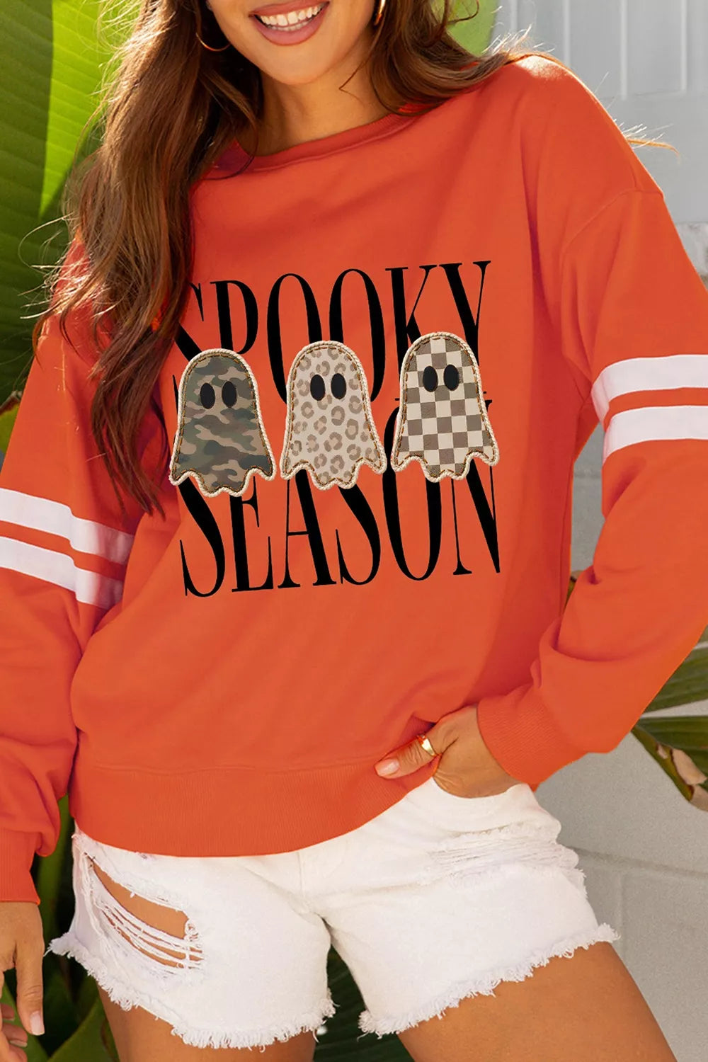 Spooky Season Ghost Graphic Varsity Striped Sleeve Halloween Pullover Sweatshirt
