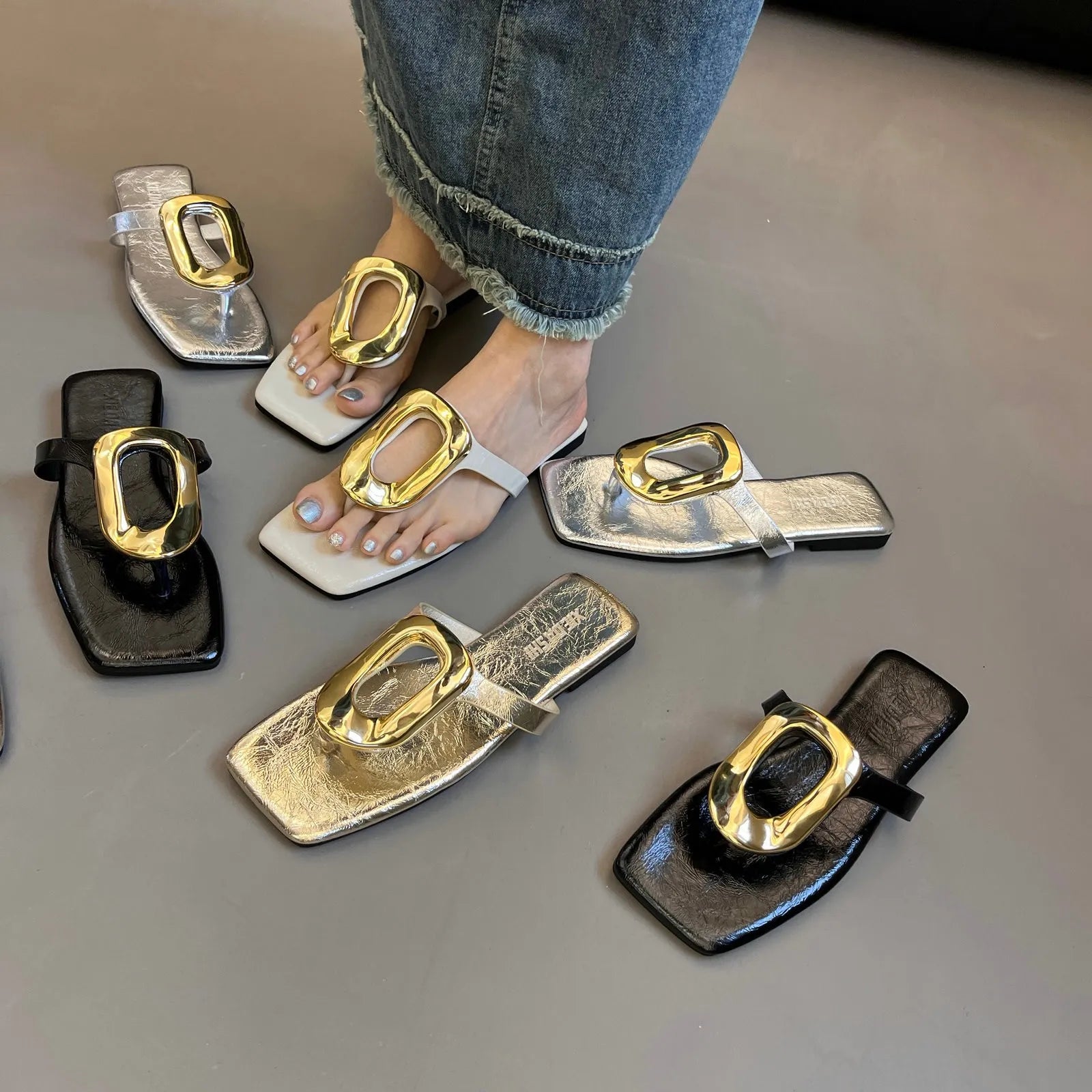 Square Toe Post Metal Sandals