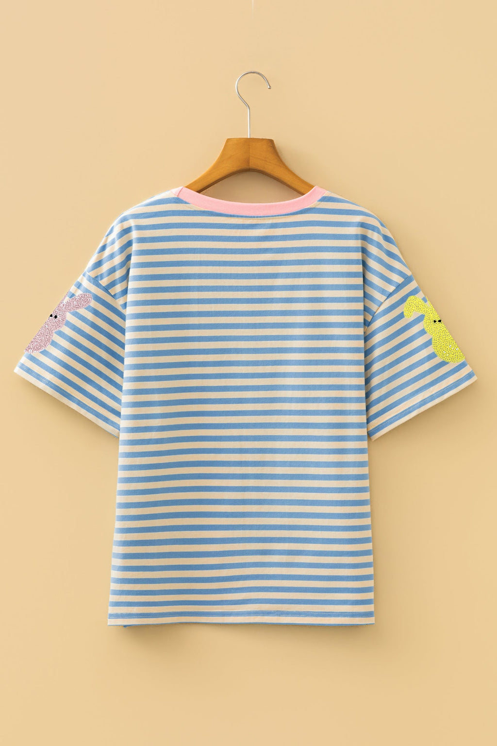 Sky Blue Stripe Sequin Easter Bunny Patched Drop Shoulder Tee