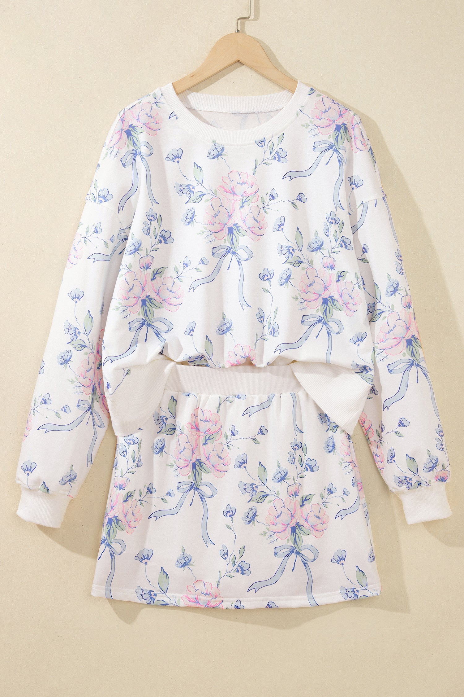 White Floral Print Long Sleeve Top Elastic Waist Skort Two Piece Dresses