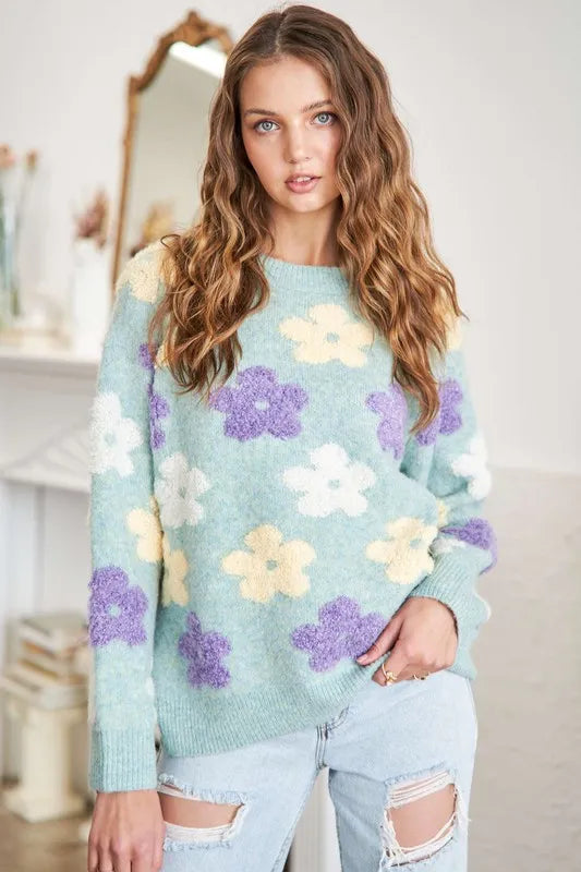 Floral Two-Tone Oversized Sweater – Plus Size