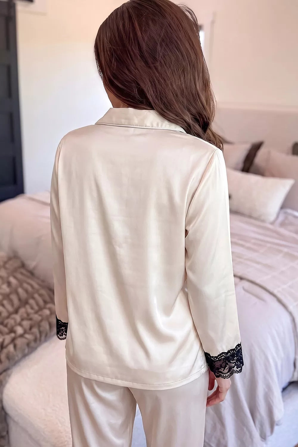 Long Sleeve Lace Trim Button Front Pajama Set