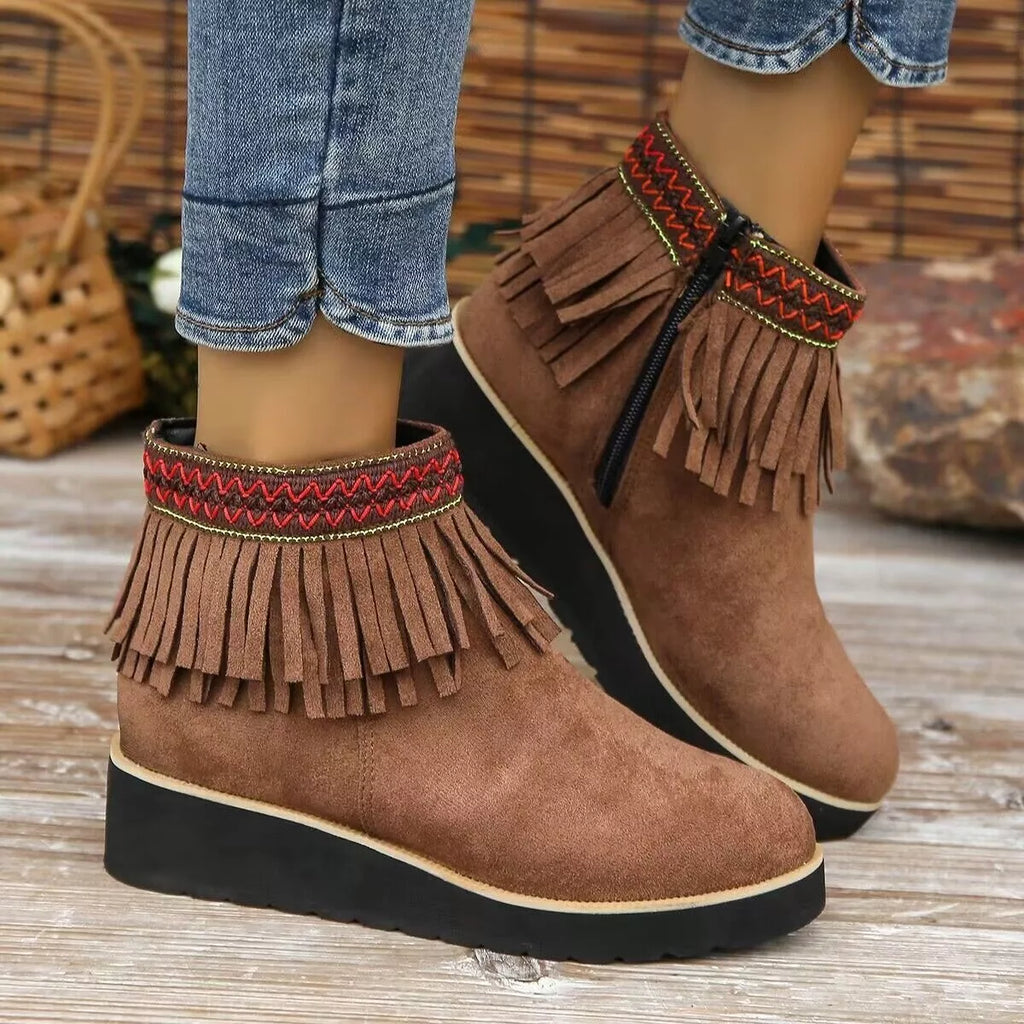 Fringe Round Toe Ankle Boots