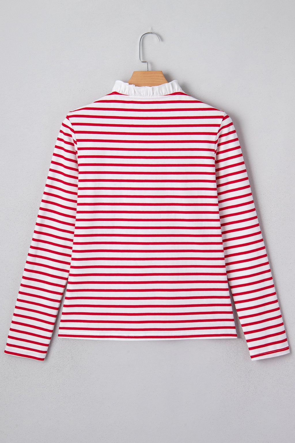 Red Stripe Contrast Frilled Trim Half Button Long Sleeve Top