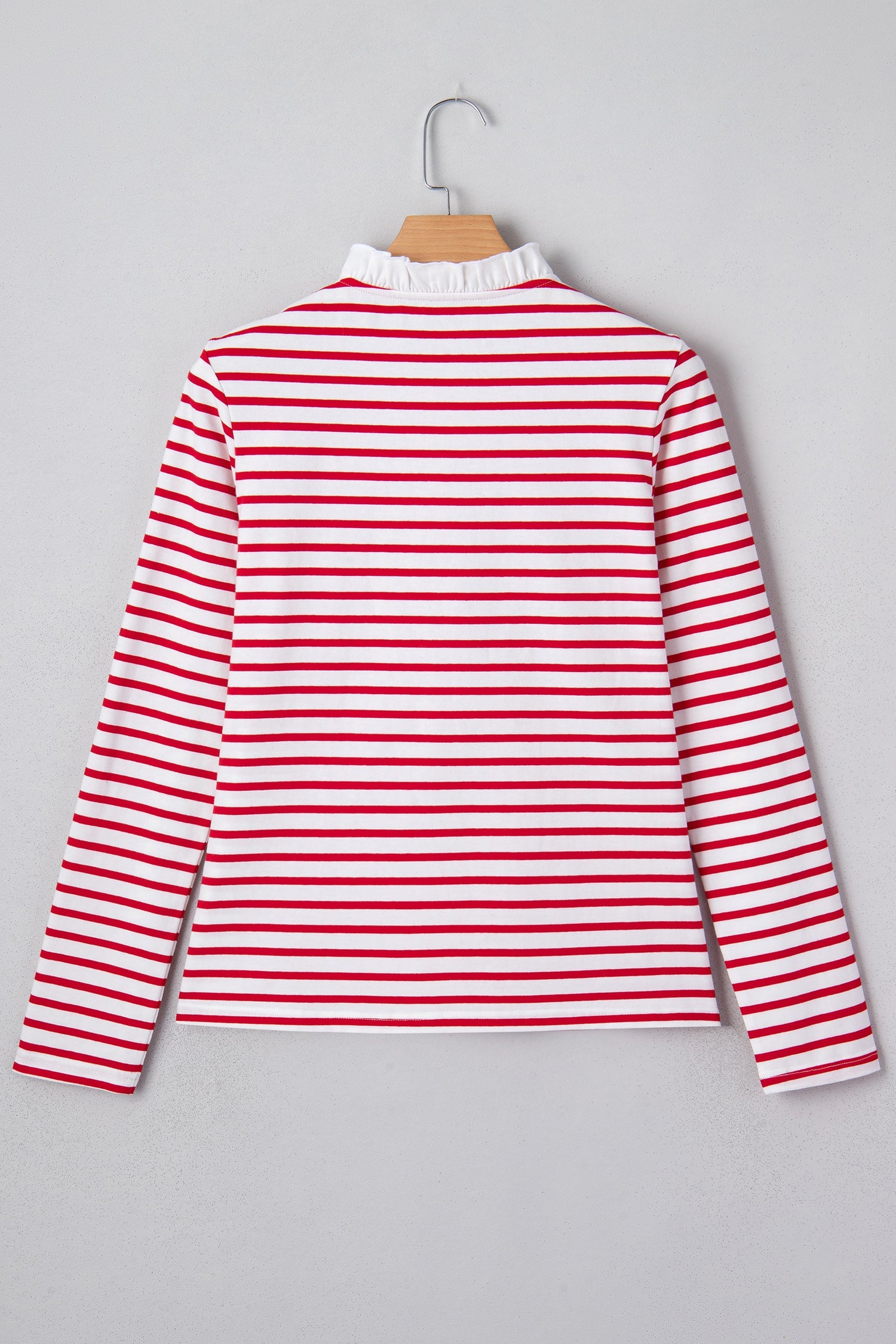 Red Stripe Contrast Frilled Trim Half Button Long Sleeve Top