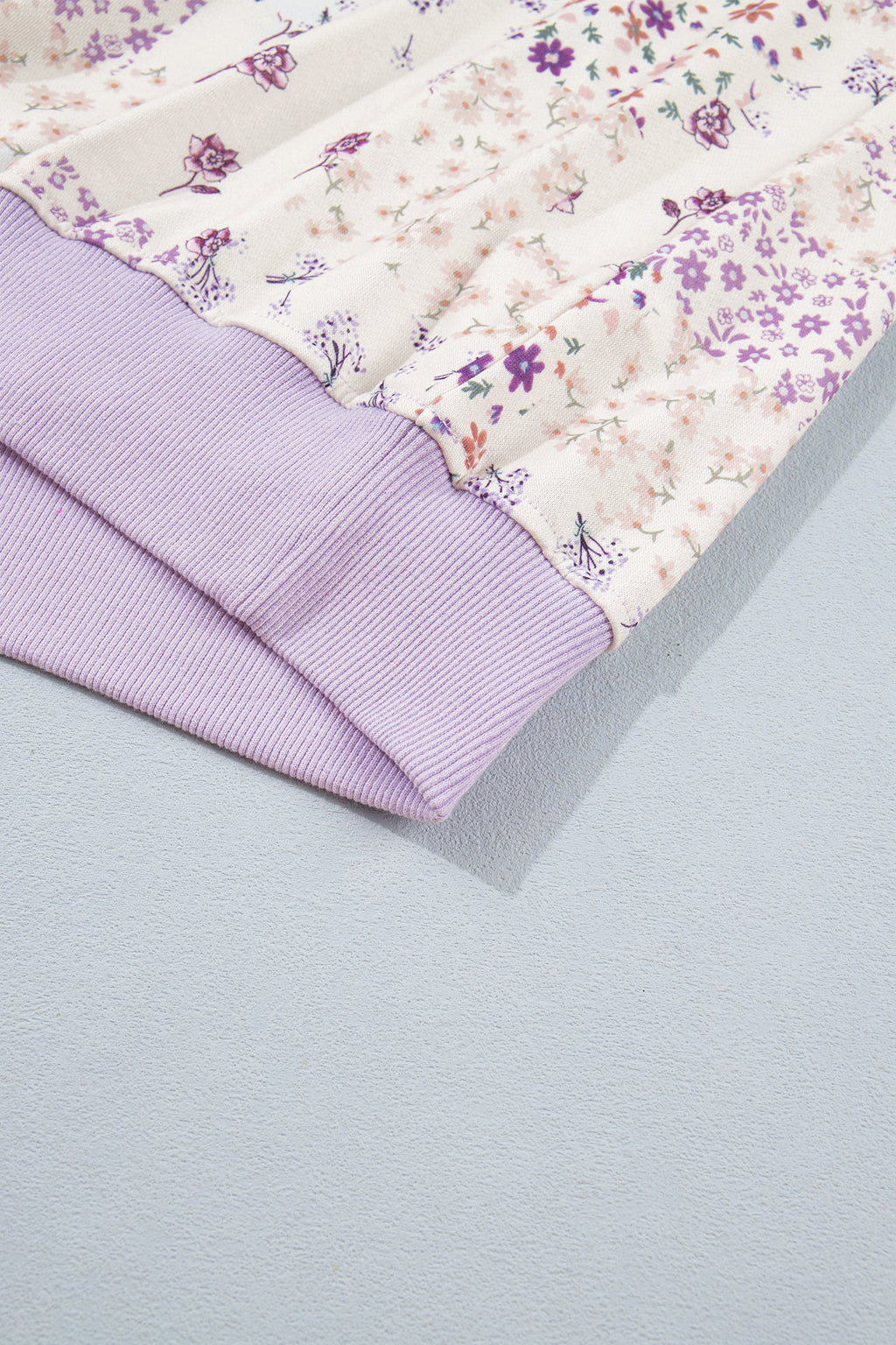 Purple Floral Print High Neck Colorblock Sleeve Paneling Sweatshirt