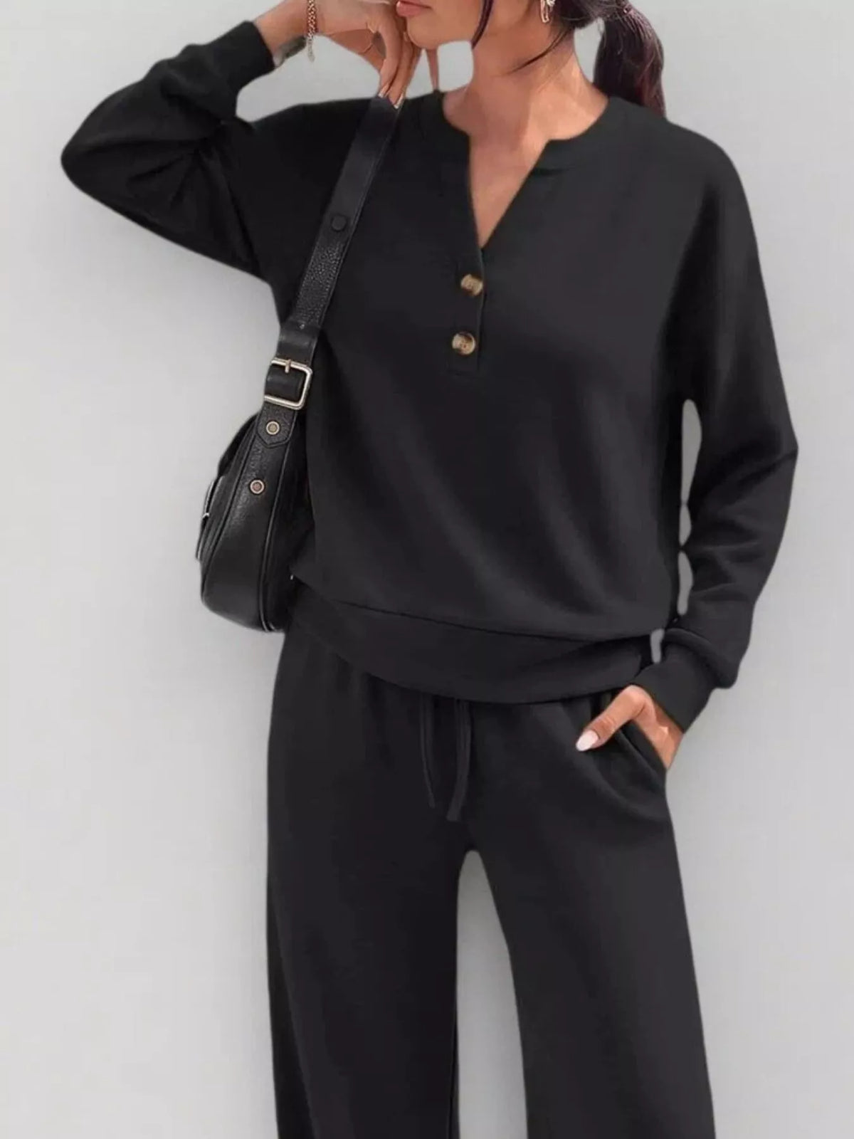 Button Detail Dropped Shoulder Top and Pants Set