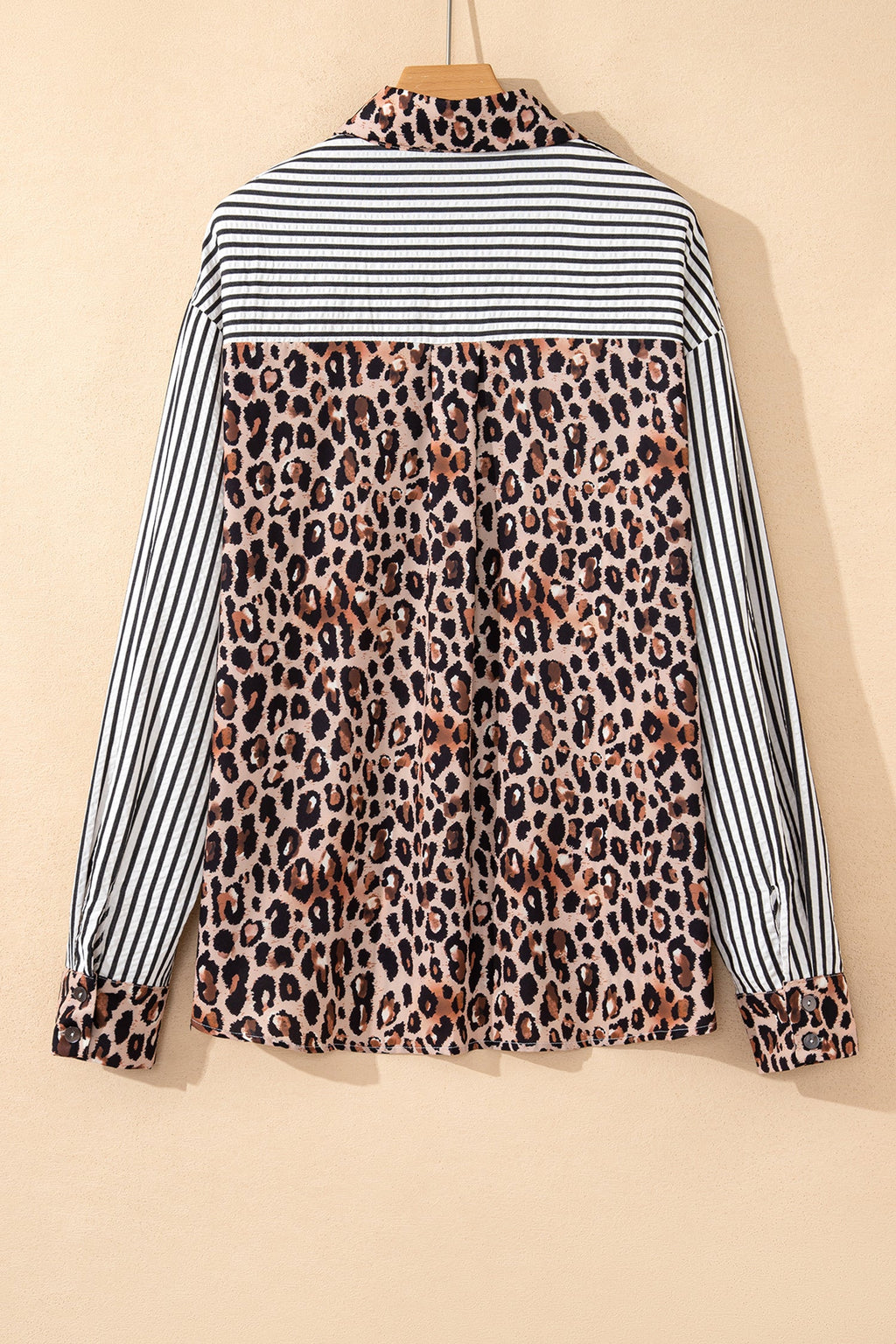 Black Striped Leopard Print Patchwork Button Up Womens Shirt