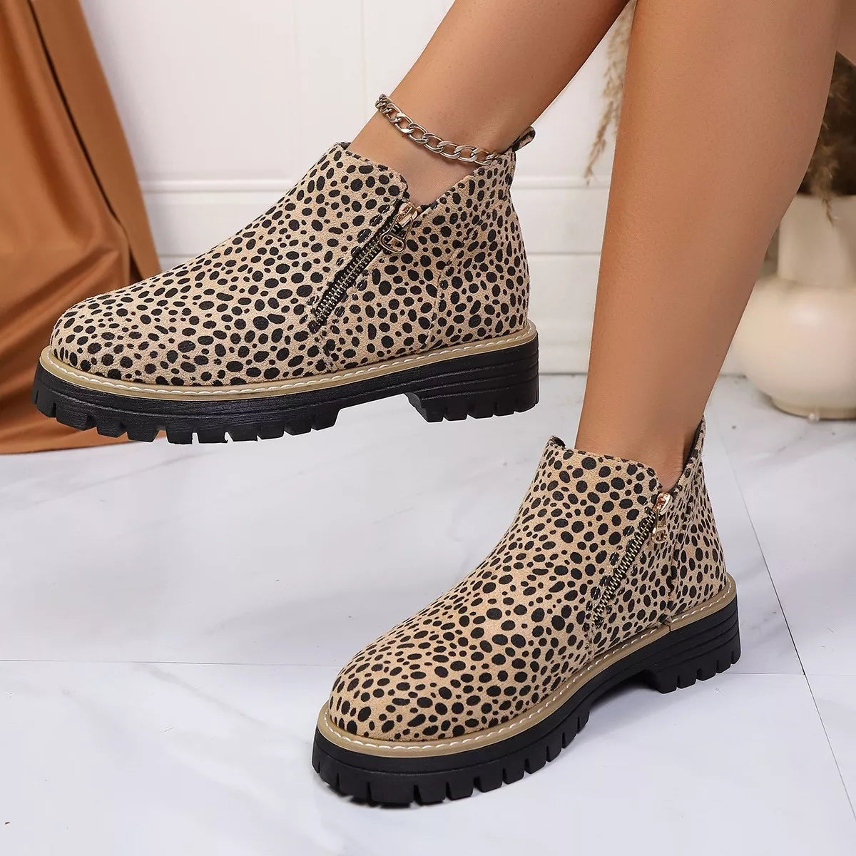 Leopard Print Ankle Boots with Zipper