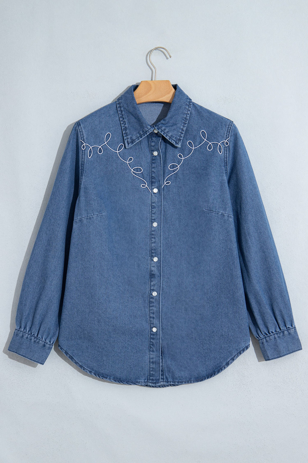 Dusk Blue Western Embroidered Collar Long Sleeve Denim Shirt