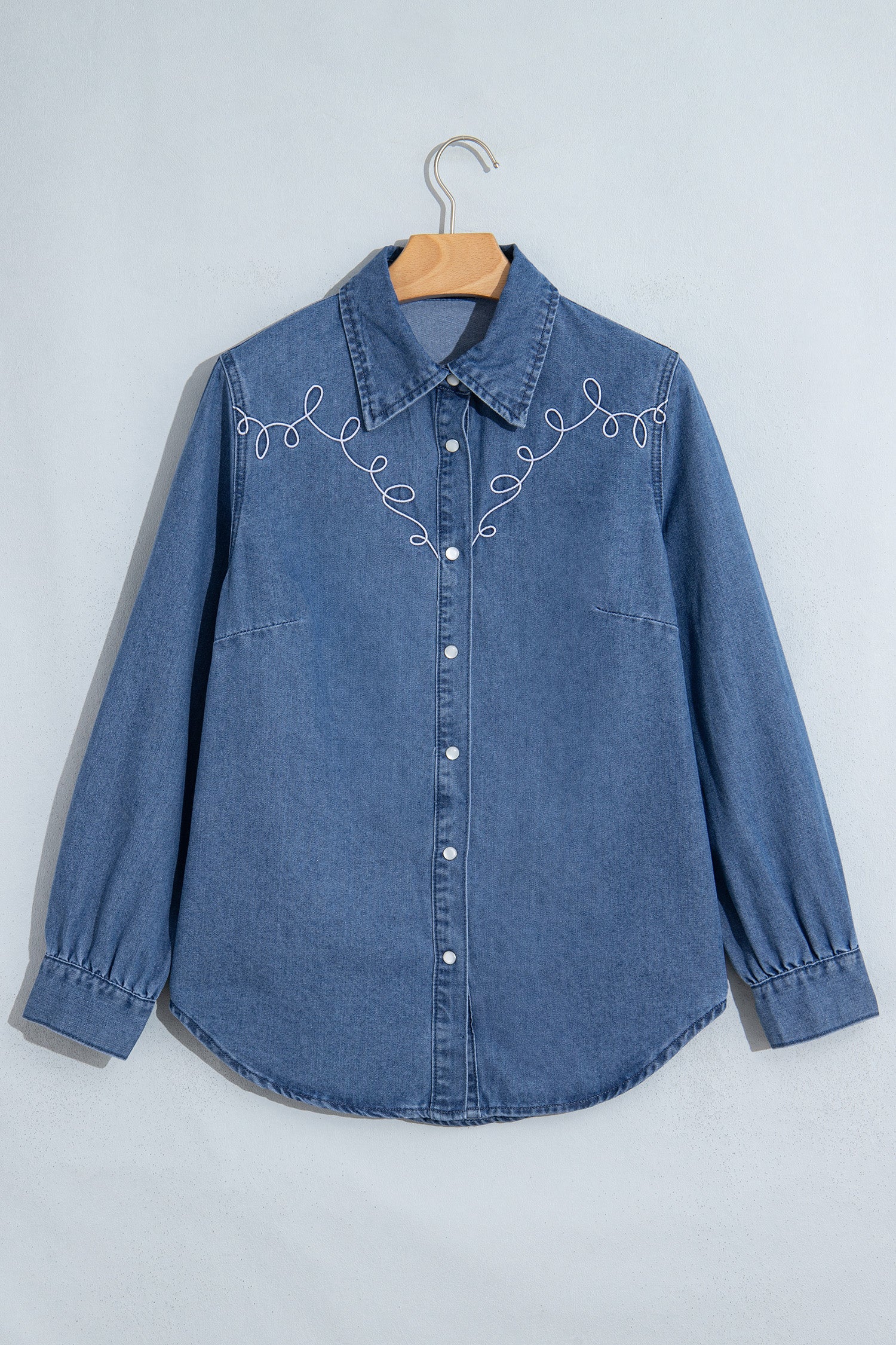 Dusk Blue Western Embroidered Collar Long Sleeve Denim Shirt