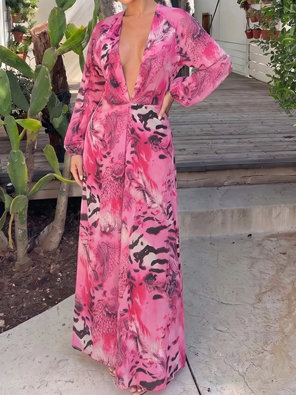 Deep V-Neck Long Sleeve Printed Maxi Dress