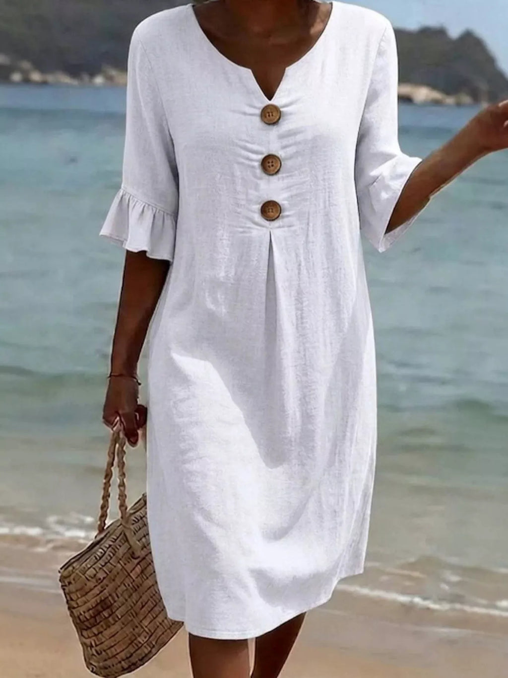 Full Size Casual Decor Button Dress with Ruffle Sleeves Plus Size