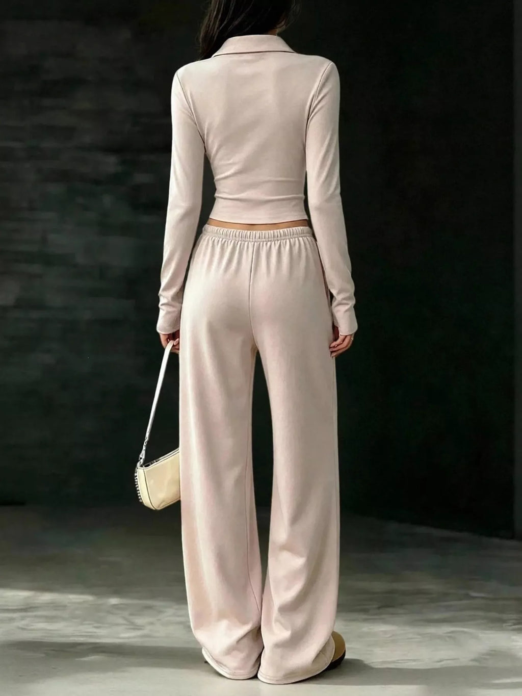 Long-Sleeve Polo Top and Wide-Leg Pants Set