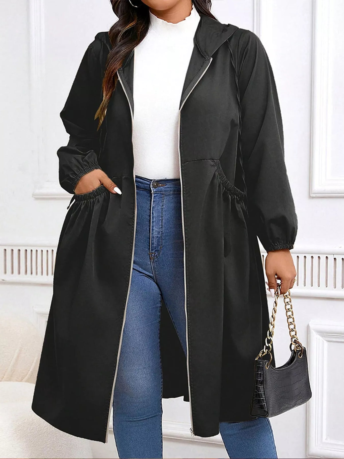 Plus Size Hooded Zip-Up Longline Windbreaker Outerwear