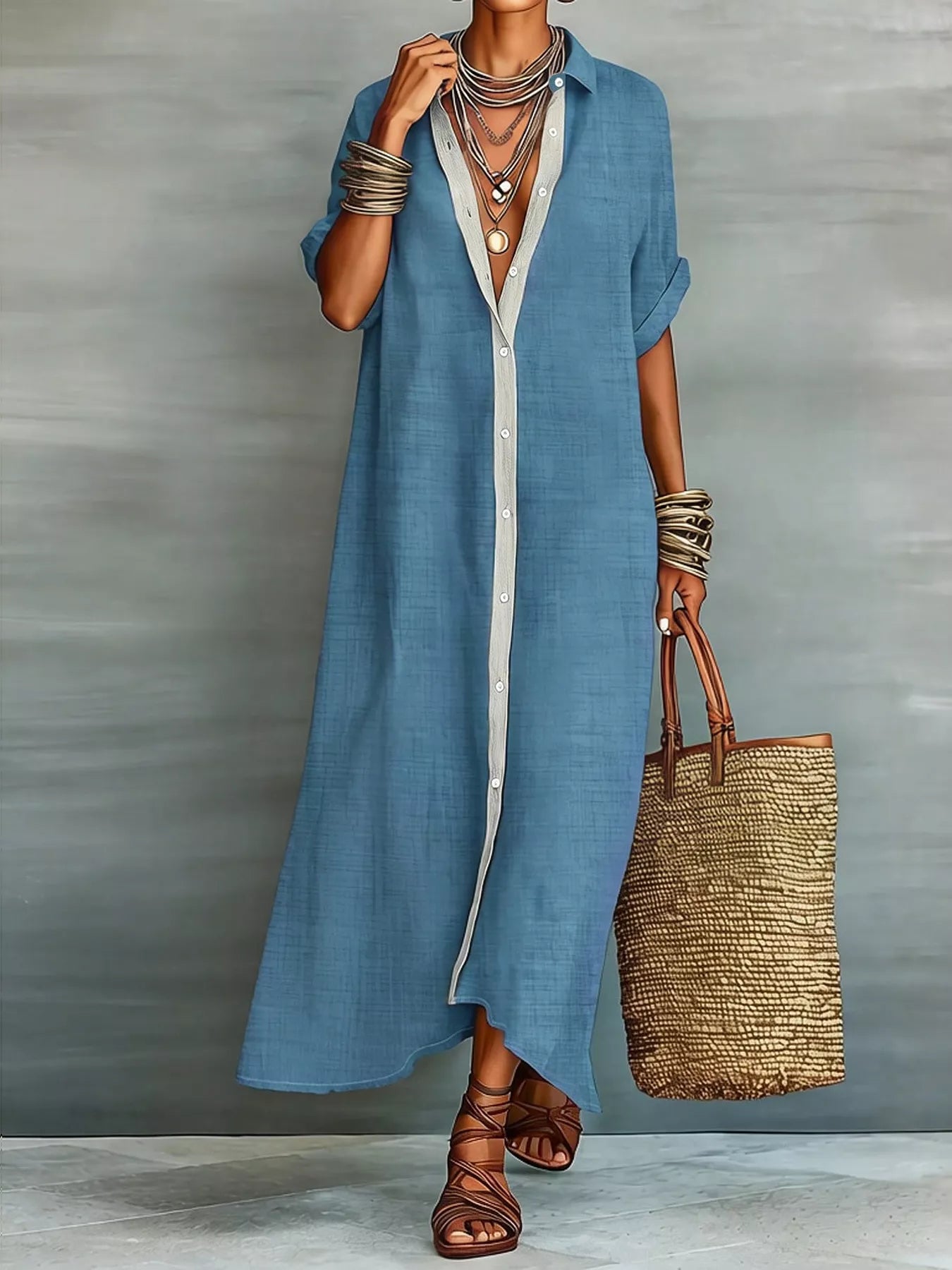 Casual Linen Shirt Dress with Button-Down Front