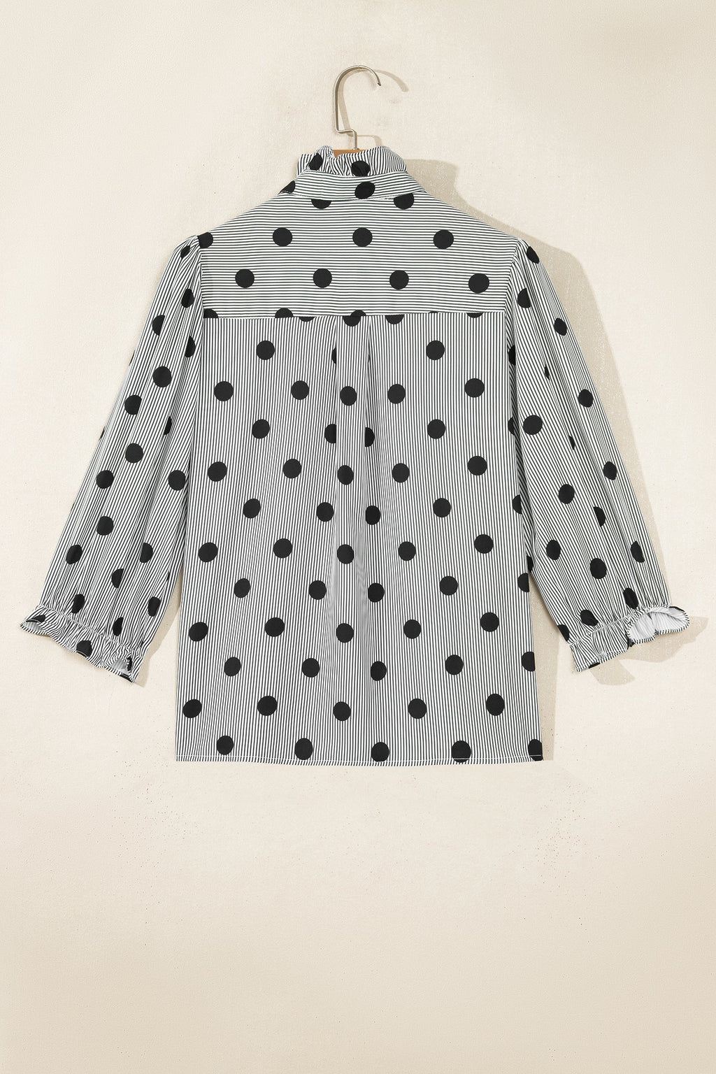 Sky Blue Polka Dot Print Ruffle Stand Neck 3/4 Sleeve Shift Shirt