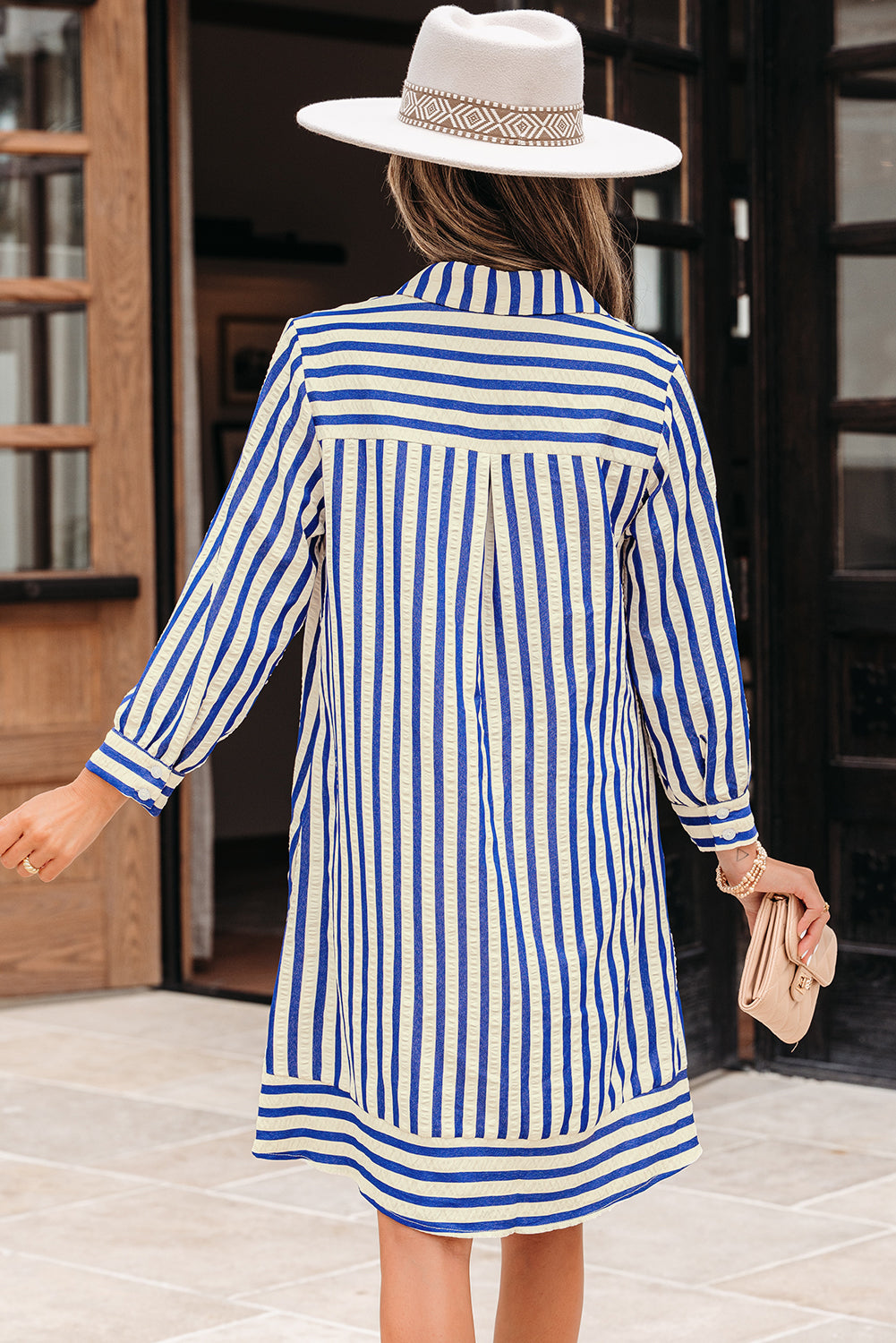 Stripe Buttoned Collar Side Pockets Mini Dress
